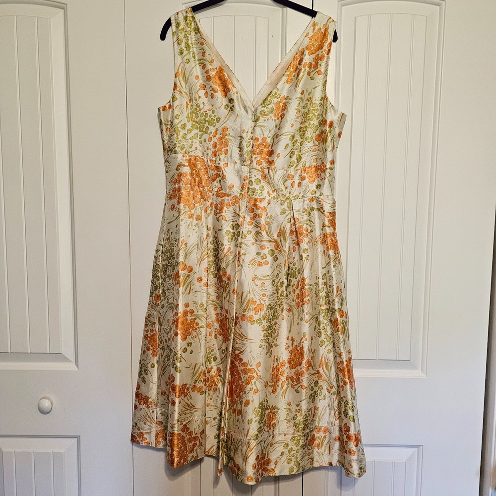 Talbots Fit and Flare Dress 14 Cream Orange Floral 100% Silk Surplice V-Neck - Picture 2 of 7